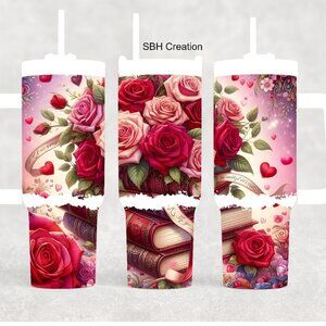 1-40oz Romantic Rose book theme insulated tumbler with sliding lid and straw